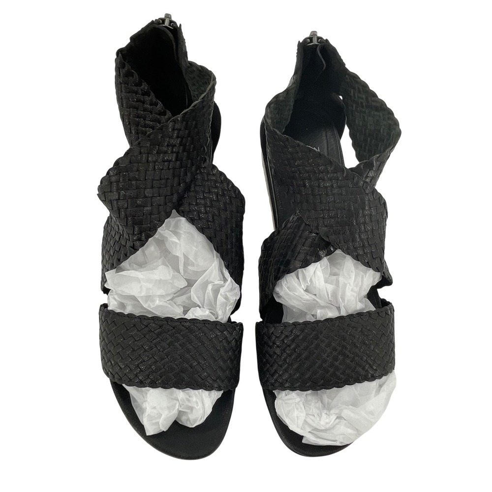 Eileen Fisher Womens Woven Leather Sandals 8.5 Black GUC Back Zip Flat *READ* - Picture 2 of 10
